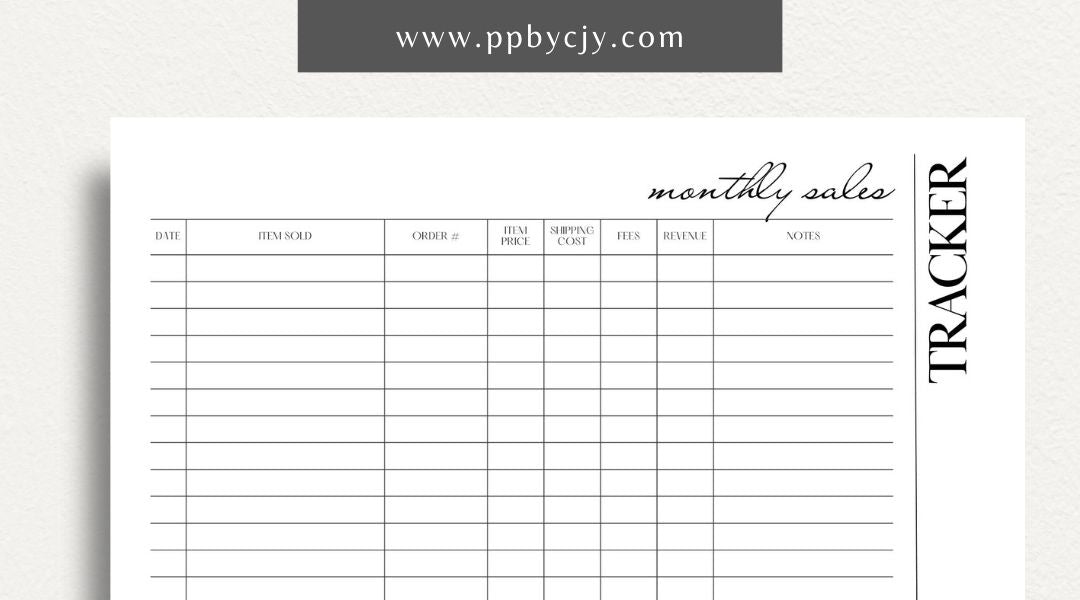 Monthly Sales Tracker Printable Template – Digital download for recording and analyzing sales data and performance on a monthly basis.