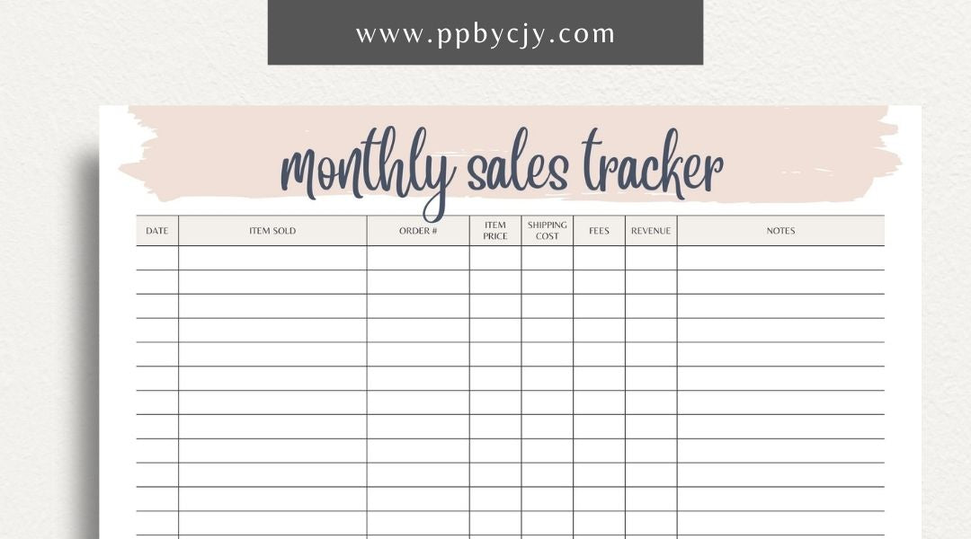 Monthly Sales Tracker Printable Template – Digital download for recording and analyzing sales data and performance on a monthly basis.