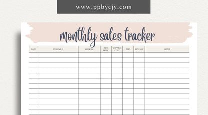 Monthly Sales Tracker Printable Template – Digital download for recording and analyzing sales data and performance on a monthly basis.