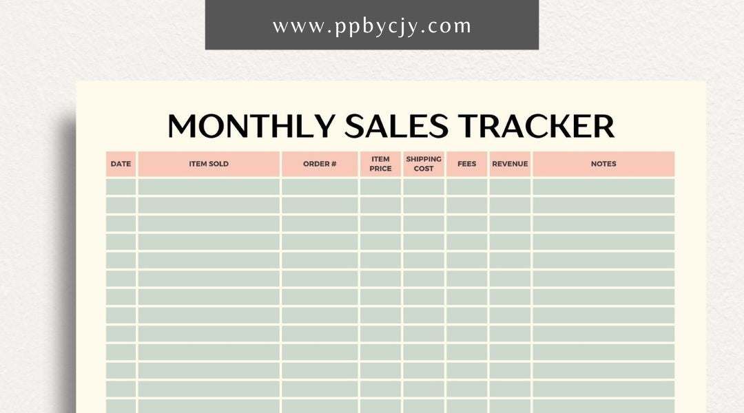 Monthly Sales Tracker Printable Template – Digital download for recording and analyzing sales data and performance on a monthly basis.