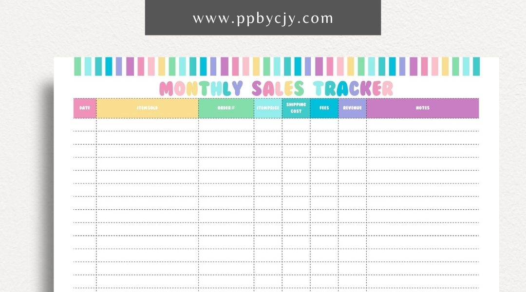 Monthly Sales Tracker Printable Template – Digital download for recording and analyzing sales data and performance on a monthly basis.