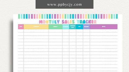 Monthly Sales Tracker Printable Template – Digital download for recording and analyzing sales data and performance on a monthly basis.