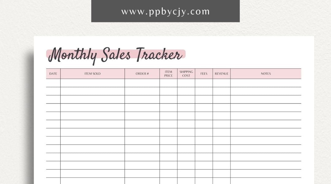 Monthly Sales Tracker Printable Template – Digital download for recording and analyzing sales data and performance on a monthly basis.