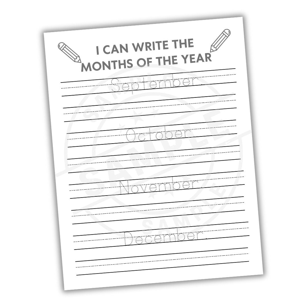 Handwriting practice sheet with months of the year