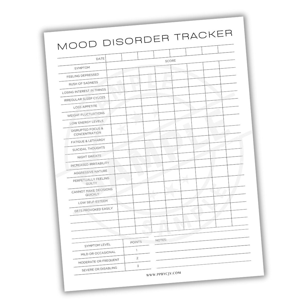 Mood Disorder Tracker sheet on a white background