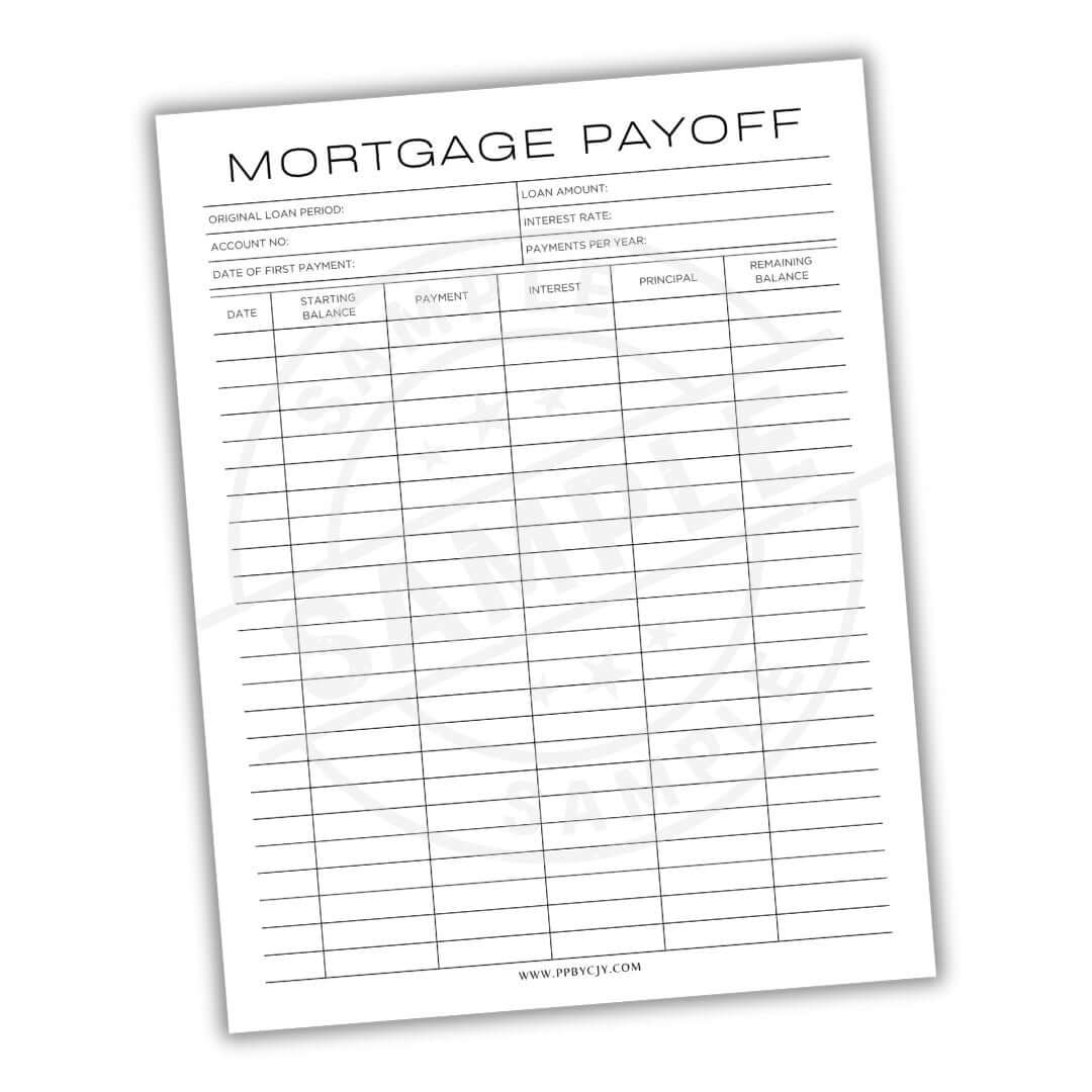 Mortgage payoff tracking sheet on a white background