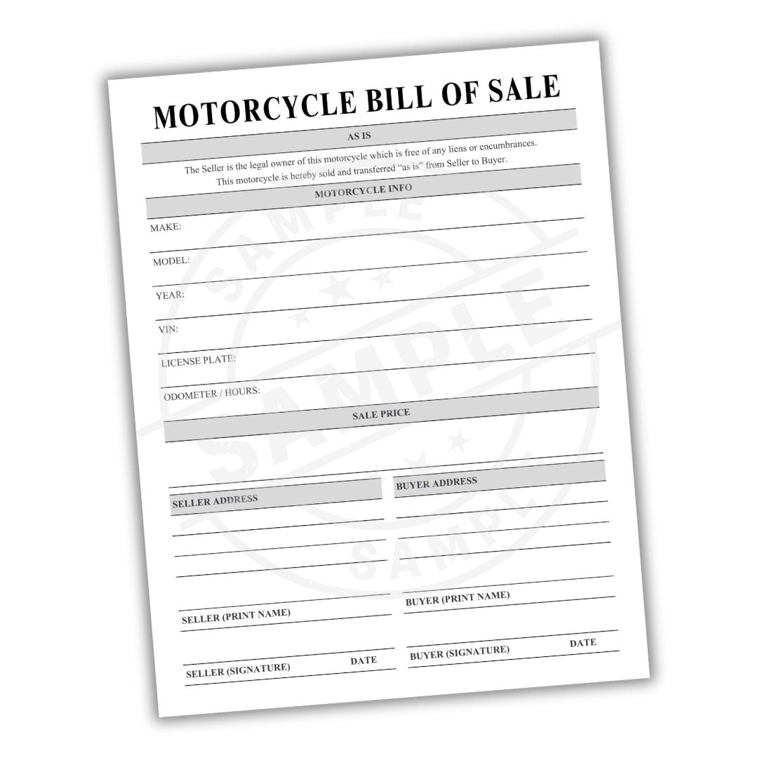 Motorcycle bill of sale form on a white background