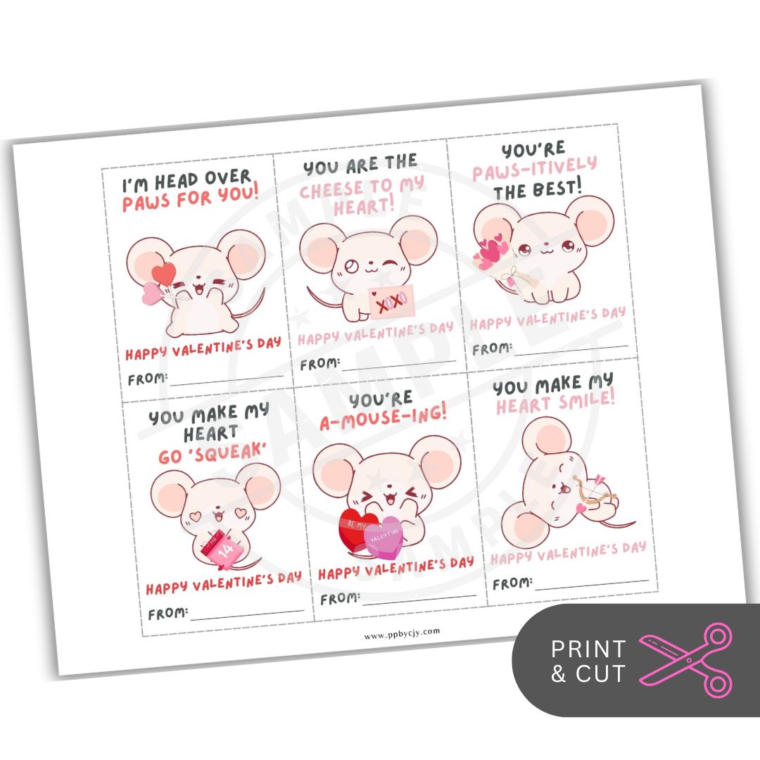 Set of Valentine's Day cards with cartoon mice and cute sayings on a white background.