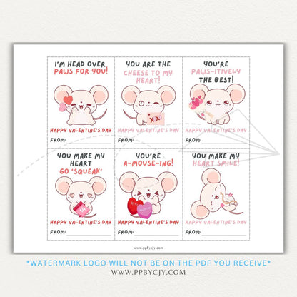 Mouse-themed printable Valentine’s Day sheet featuring six cute and playful mouse designs with heartwarming messages.

