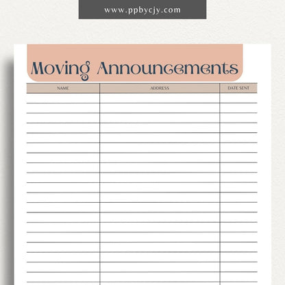 Moving Announcement List Printable Template – Digital download for organizing and tracking recipients of your moving announcements, including addresses and send-out status.