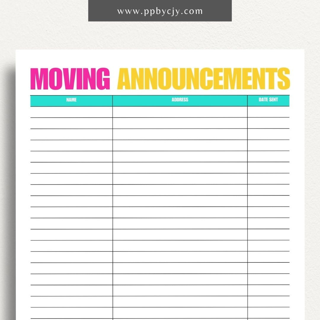 Moving Announcement List Printable Template – Digital download for organizing and tracking recipients of your moving announcements, including addresses and send-out status.