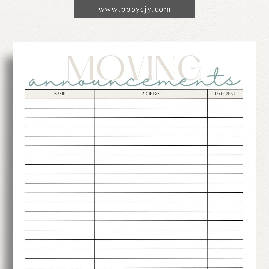 Moving Announcement List Printable Template – Digital download for organizing and tracking recipients of your moving announcements, including addresses and send-out status.