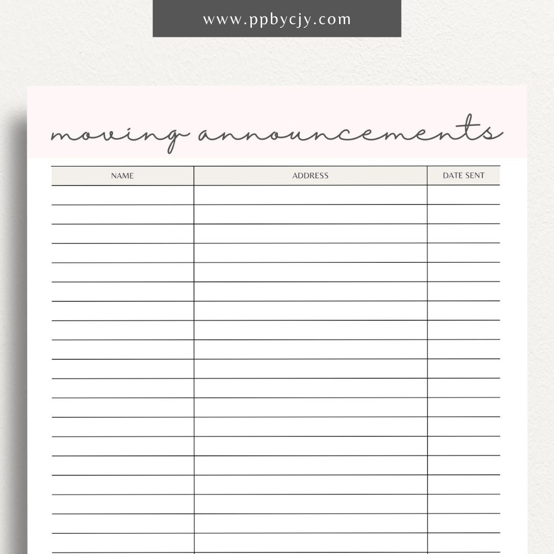 Moving Announcement List Printable Template – Digital download for organizing and tracking recipients of your moving announcements, including addresses and send-out status.