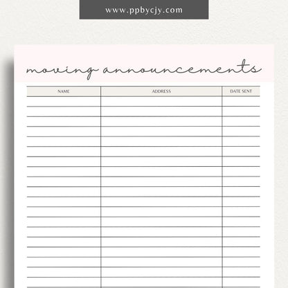 Moving Announcement List Printable Template – Digital download for organizing and tracking recipients of your moving announcements, including addresses and send-out status.