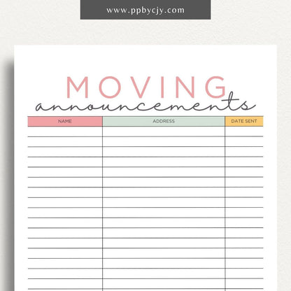 Moving Announcement List Printable Template – Digital download for organizing and tracking recipients of your moving announcements, including addresses and send-out status.