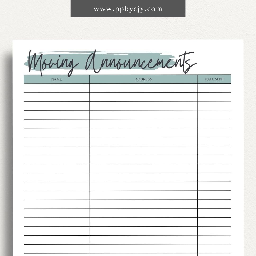 Moving Announcement List Printable Template – Digital download for organizing and tracking recipients of your moving announcements, including addresses and send-out status.