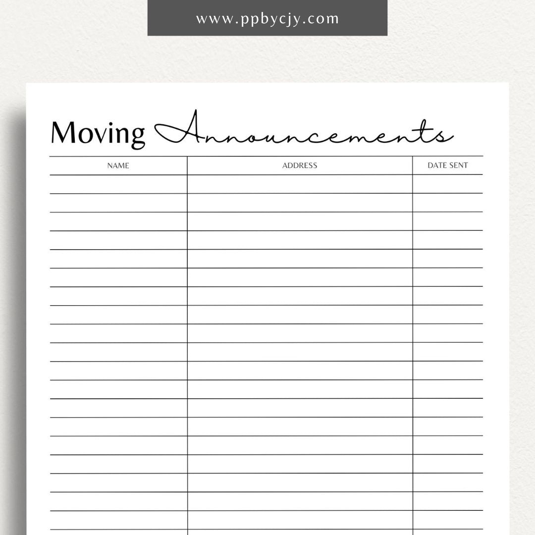 Moving Announcement List Printable Template – Digital download for organizing and tracking recipients of your moving announcements, including addresses and send-out status.