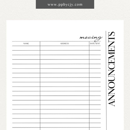 Moving Announcement List Printable Template – Digital download for organizing and tracking recipients of your moving announcements, including addresses and send-out status.