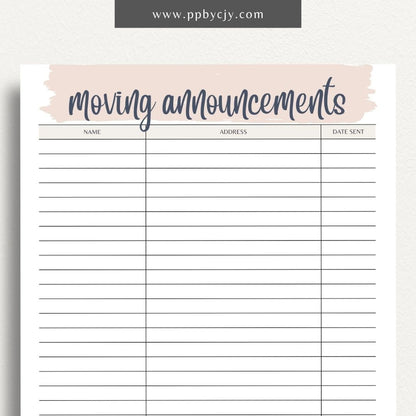 Moving Announcement List Printable Template – Digital download for organizing and tracking recipients of your moving announcements, including addresses and send-out status.