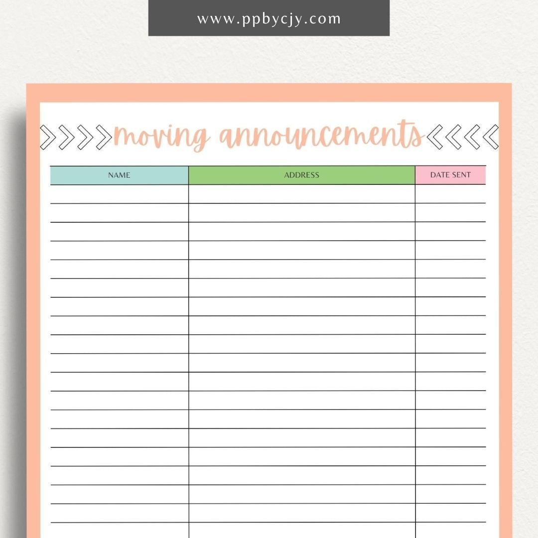 Moving Announcement List Printable Template – Digital download for organizing and tracking recipients of your moving announcements, including addresses and send-out status.