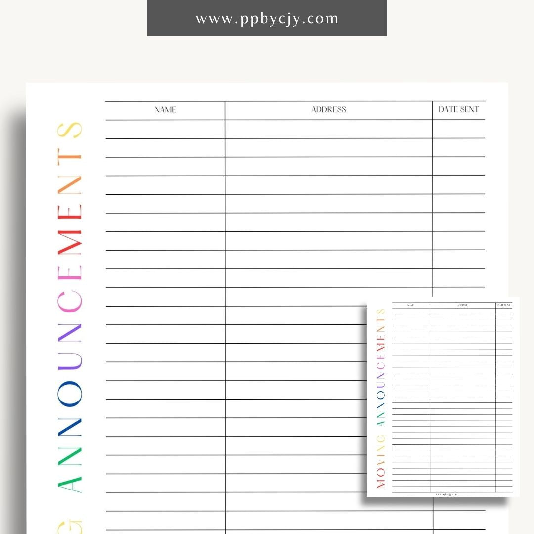 Moving Announcement List Printable Template – Digital download for organizing and tracking recipients of your moving announcements, including addresses and send-out status.