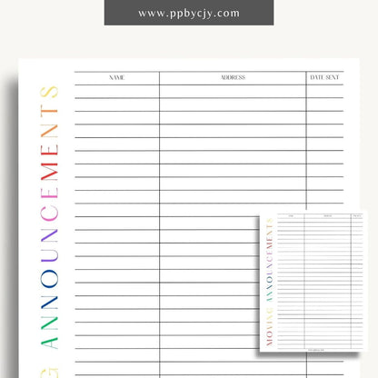 Moving Announcement List Printable Template – Digital download for organizing and tracking recipients of your moving announcements, including addresses and send-out status.