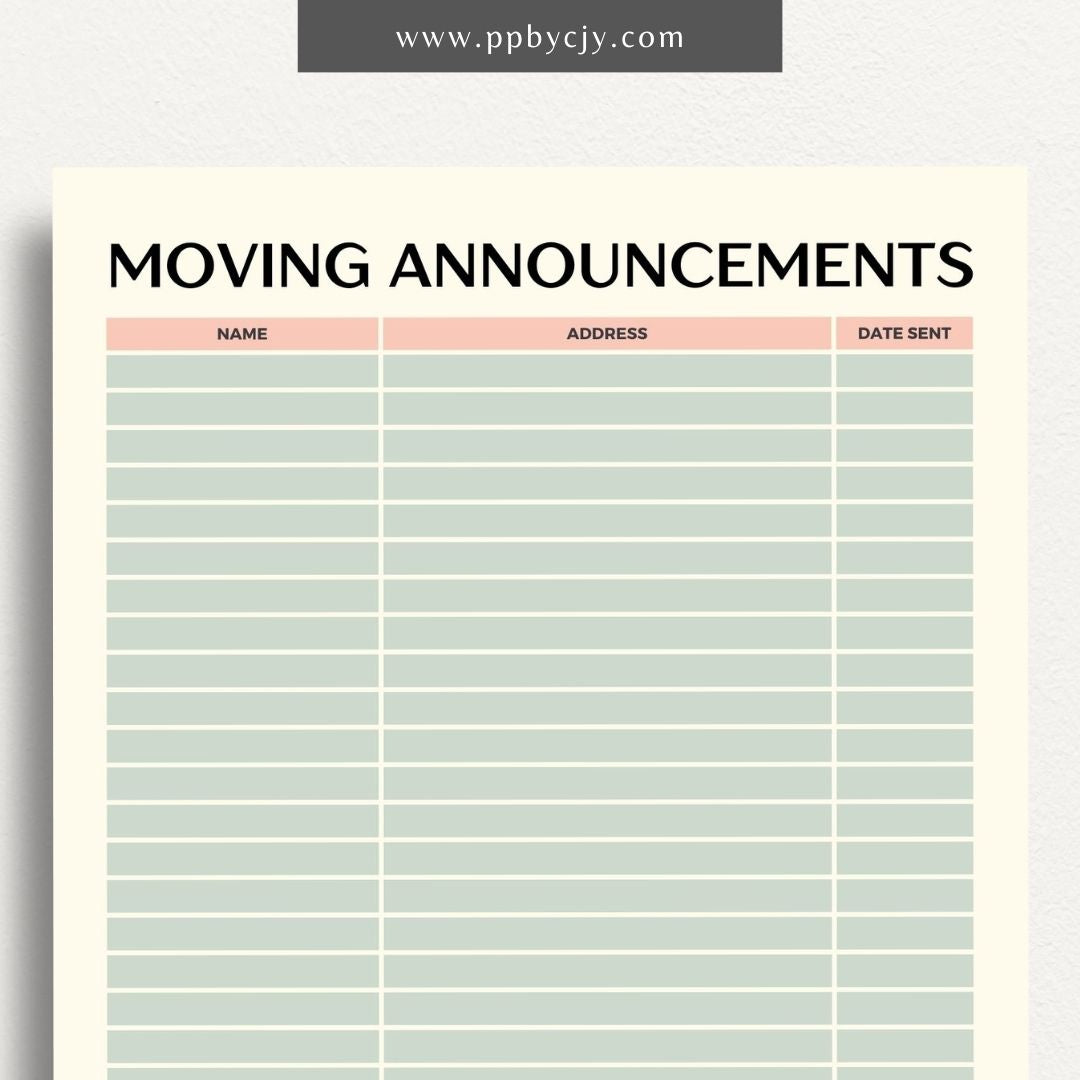 Moving Announcement List Printable Template – Digital download for organizing and tracking recipients of your moving announcements, including addresses and send-out status.