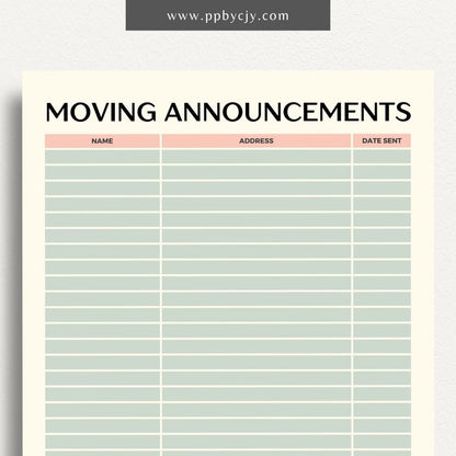 Moving Announcement List Printable Template – Digital download for organizing and tracking recipients of your moving announcements, including addresses and send-out status.