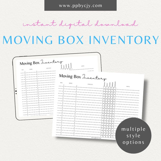 Moving Box Inventory Printable Template – Digital download for cataloging and tracking the contents of each moving box, including descriptions and locations.