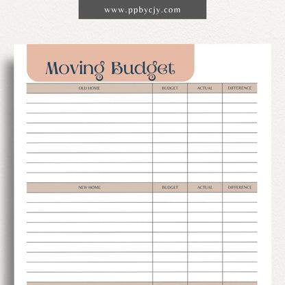 Moving Budget Printable Template – Digital download for planning and tracking expenses related to moving, including packing, transportation, and other costs.