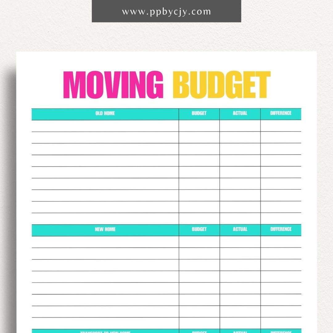 Moving Budget Printable Template – Digital download for planning and tracking expenses related to moving, including packing, transportation, and other costs.