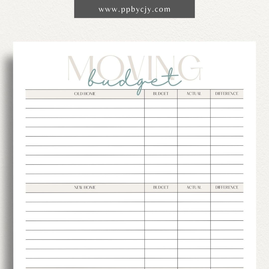 Moving Budget Printable Template – Digital download for planning and tracking expenses related to moving, including packing, transportation, and other costs.