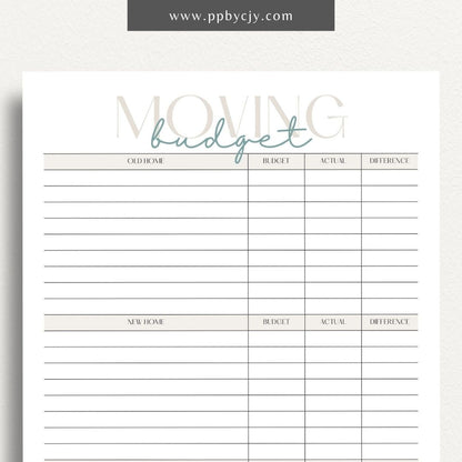 Moving Budget Printable Template – Digital download for planning and tracking expenses related to moving, including packing, transportation, and other costs.