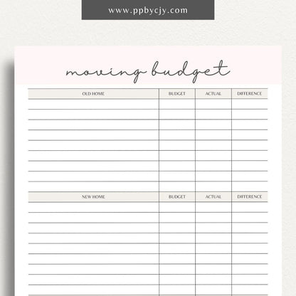 Moving Budget Printable Template – Digital download for planning and tracking expenses related to moving, including packing, transportation, and other costs.