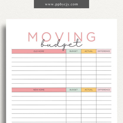 Moving Budget Printable Template – Digital download for planning and tracking expenses related to moving, including packing, transportation, and other costs.