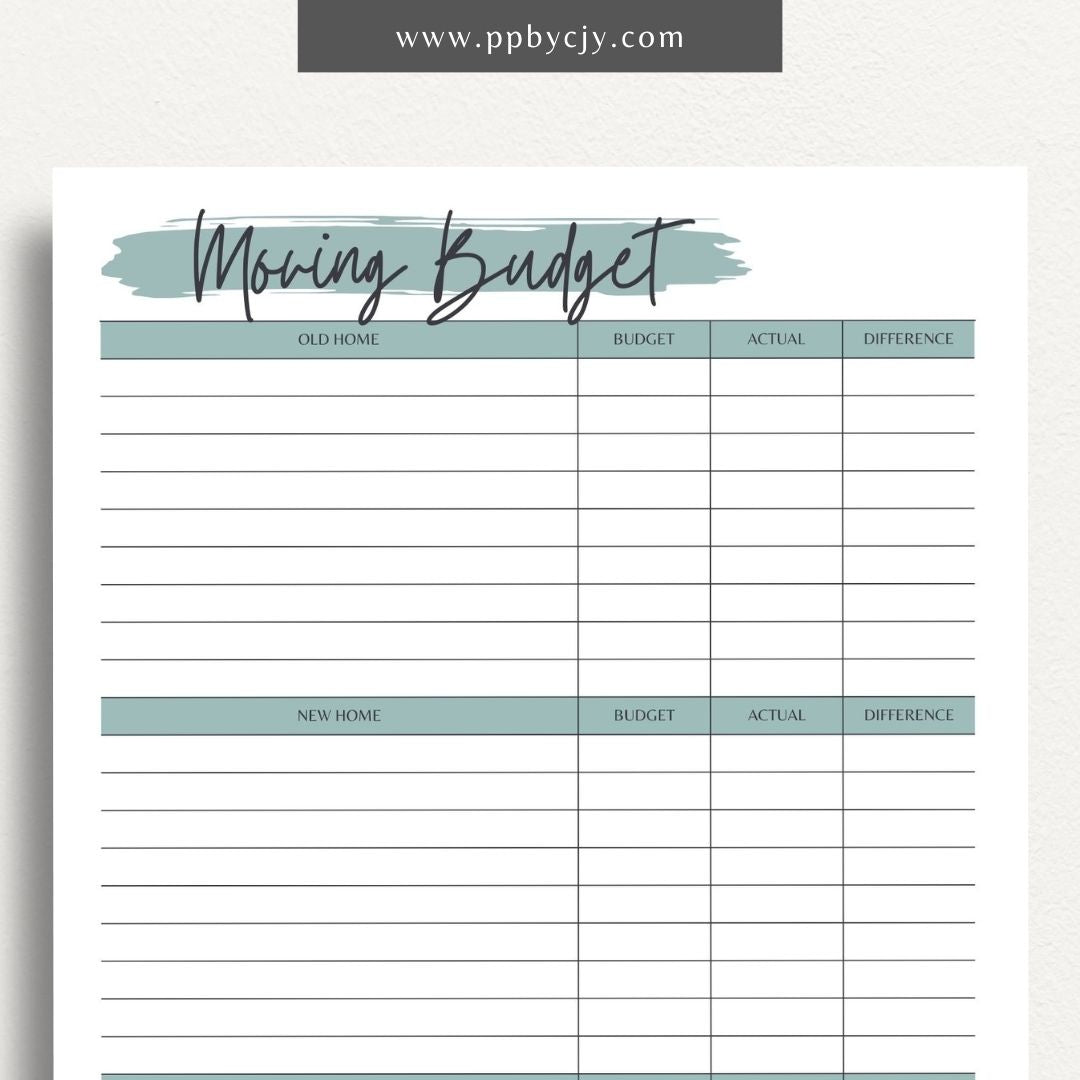 Moving Budget Printable Template – Digital download for planning and tracking expenses related to moving, including packing, transportation, and other costs.