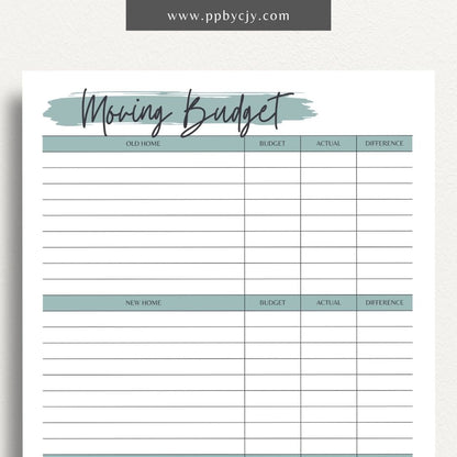 Moving Budget Printable Template – Digital download for planning and tracking expenses related to moving, including packing, transportation, and other costs.