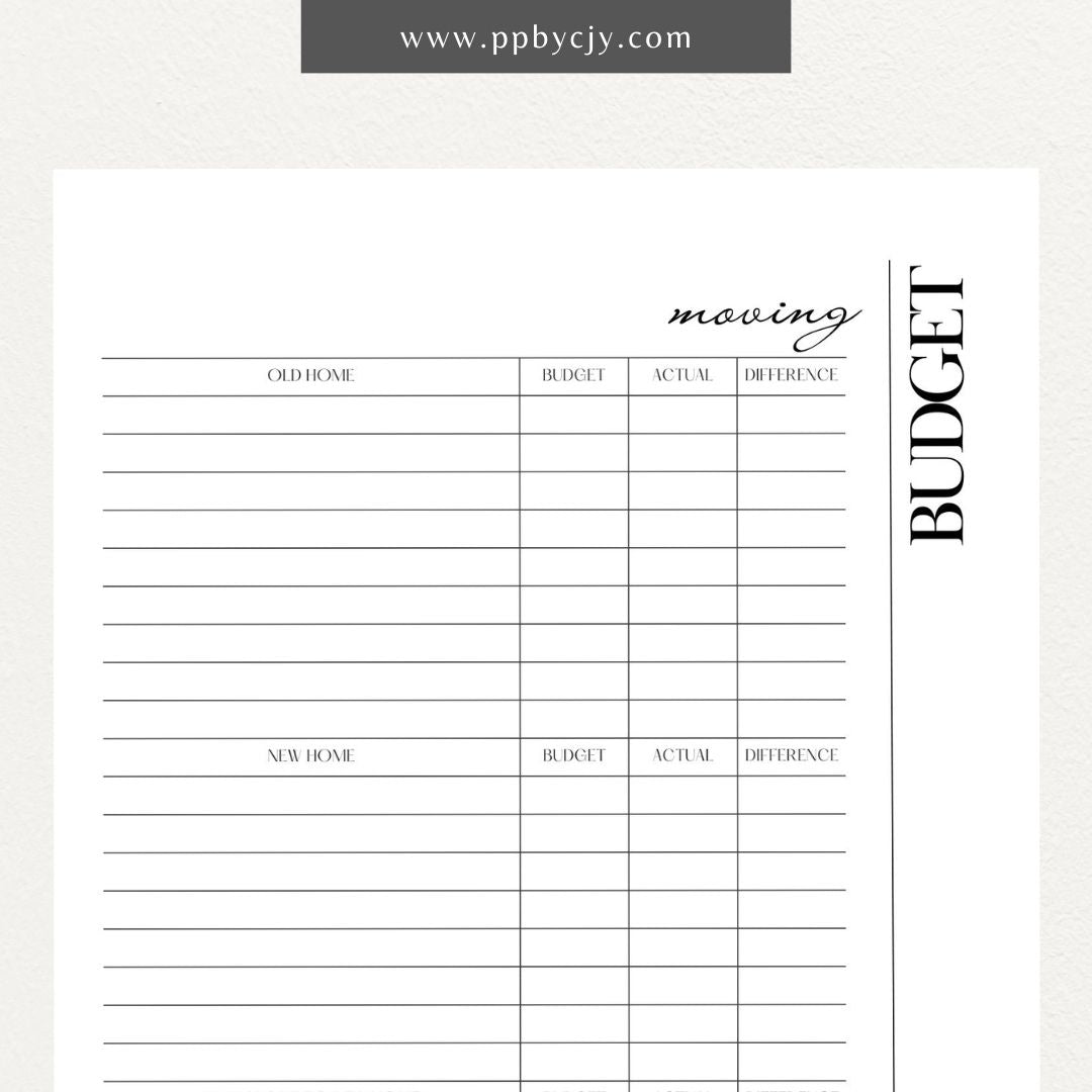 Moving Budget Printable Template – Digital download for planning and tracking expenses related to moving, including packing, transportation, and other costs.