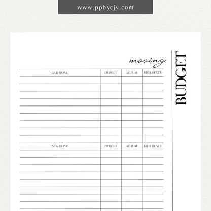 Moving Budget Printable Template – Digital download for planning and tracking expenses related to moving, including packing, transportation, and other costs.