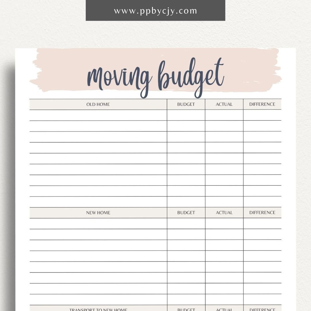 Moving Budget Printable Template – Digital download for planning and tracking expenses related to moving, including packing, transportation, and other costs.