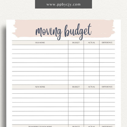 Moving Budget Printable Template – Digital download for planning and tracking expenses related to moving, including packing, transportation, and other costs.