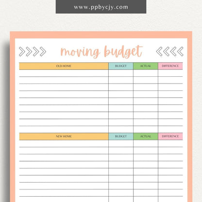 Moving Budget Printable Template – Digital download for planning and tracking expenses related to moving, including packing, transportation, and other costs.