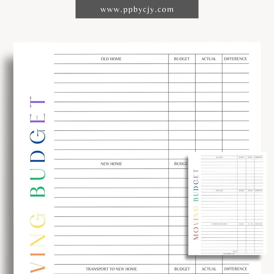 Moving Budget Printable Template – Digital download for planning and tracking expenses related to moving, including packing, transportation, and other costs.