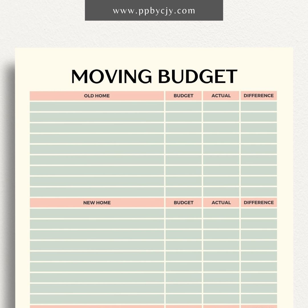 Moving Budget Printable Template – Digital download for planning and tracking expenses related to moving, including packing, transportation, and other costs.