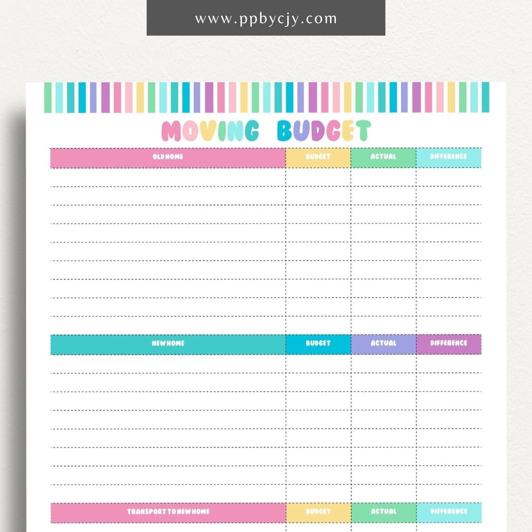 Moving Budget Printable Template – Digital download for planning and tracking expenses related to moving, including packing, transportation, and other costs.