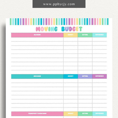 Moving Budget Printable Template – Digital download for planning and tracking expenses related to moving, including packing, transportation, and other costs.