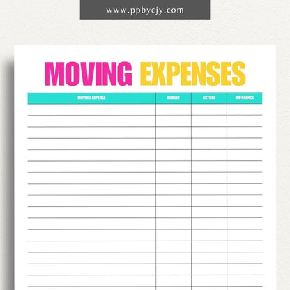 printable template page with columns and rows related to moving budgets