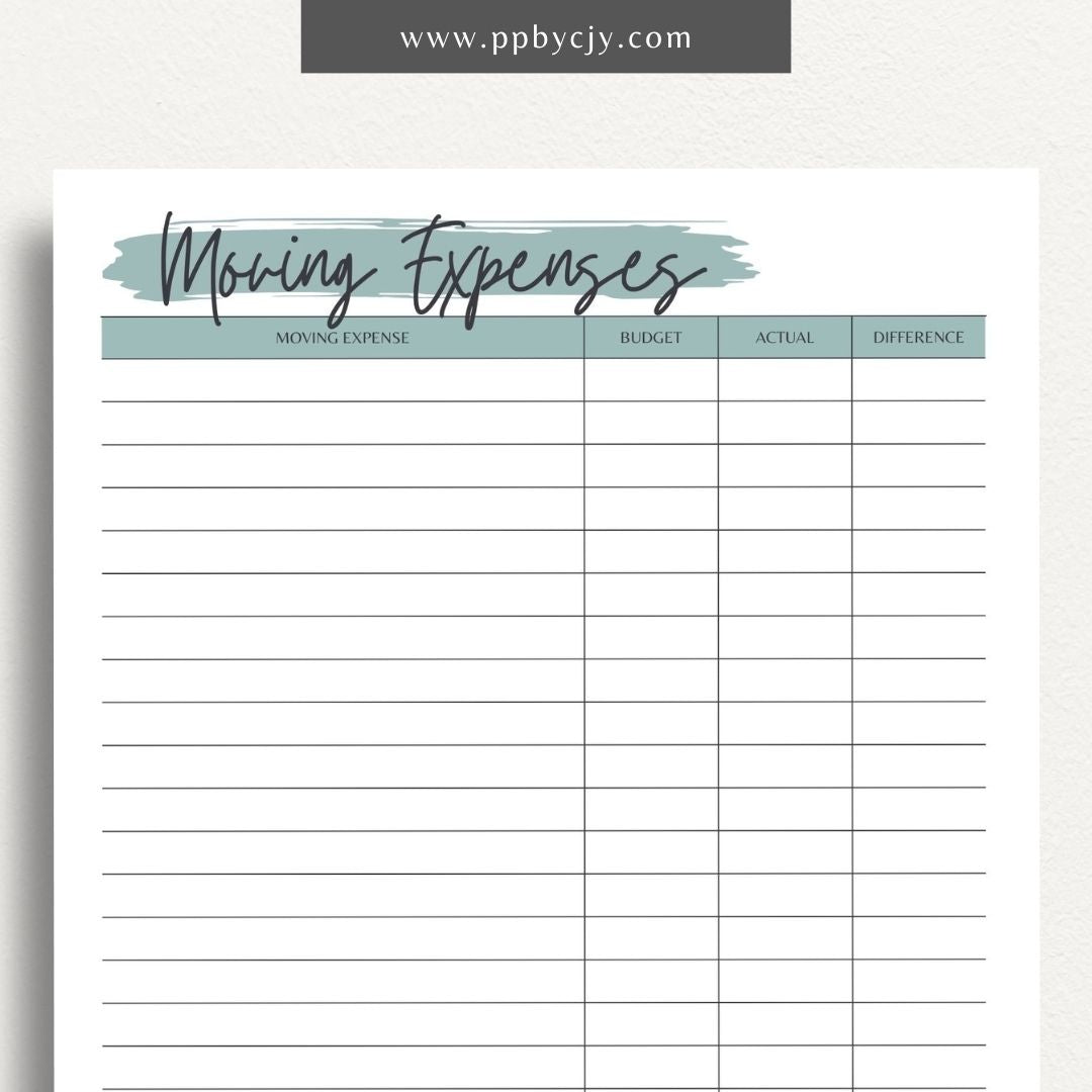 printable template page with columns and rows related to moving budgets