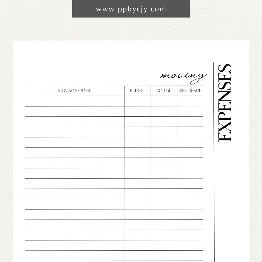 printable template page with columns and rows related to moving budgets