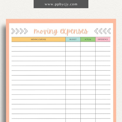 printable template page with columns and rows related to moving budgets